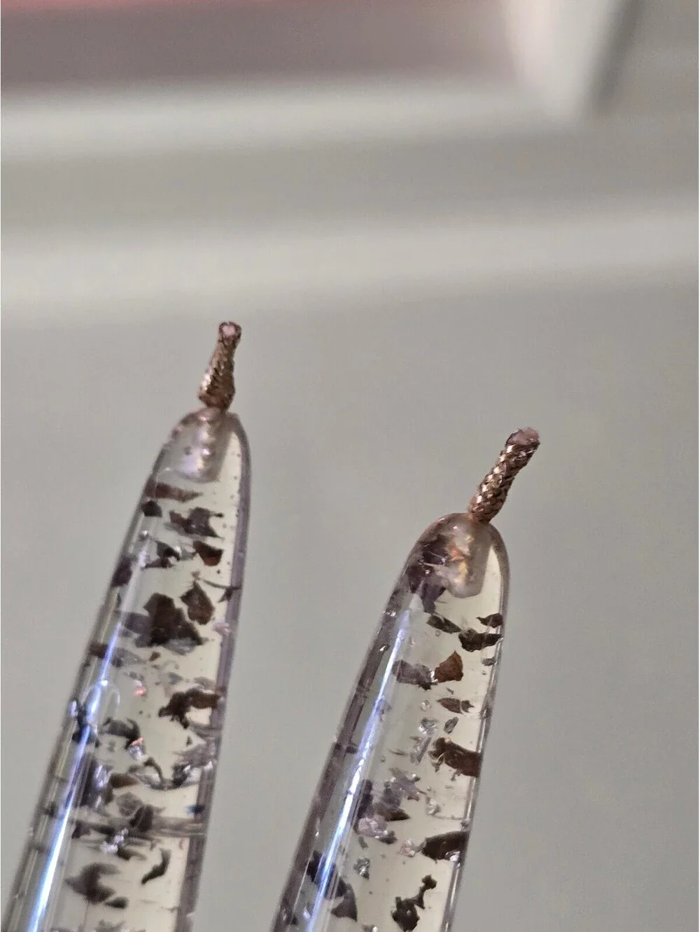 2 Lucite Taper Candles 12 in Gold & Silver Foil Flakes